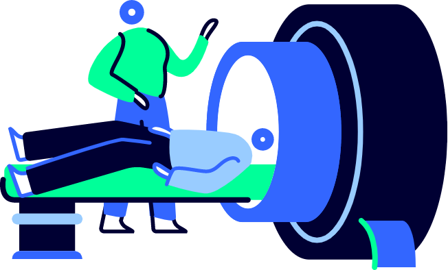 Stylised illustration of a patient lying on a scanner table, with a healthcare professional standing beside a large circular imaging machine
