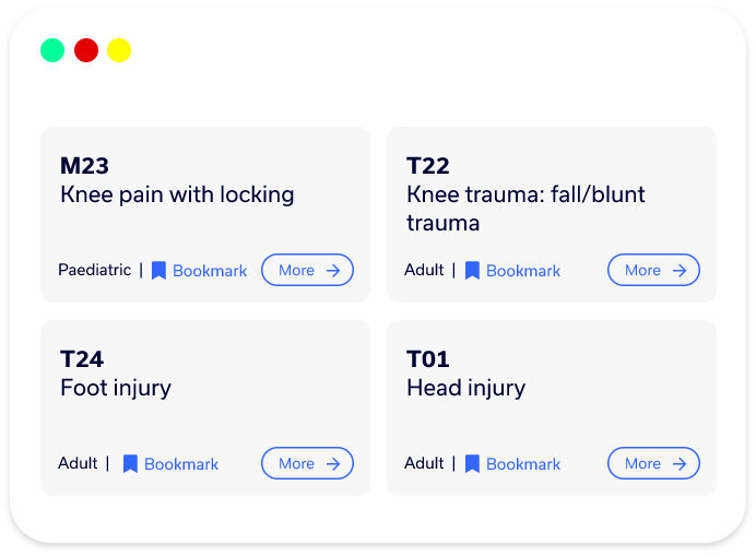A stylised browser window displaying four iRefer guideline cards—M23 (knee pain with locking), T22 (knee trauma from fall/blunt trauma), T24 (foot injury), and T01 (head injury). Each card indicates patient type (adult or pediatric), includes a bookmark option, and a ‘More’ link
