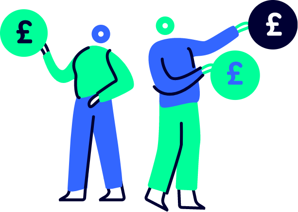 Two abstract figures in green and blue holding circular signs with pound currency symbols